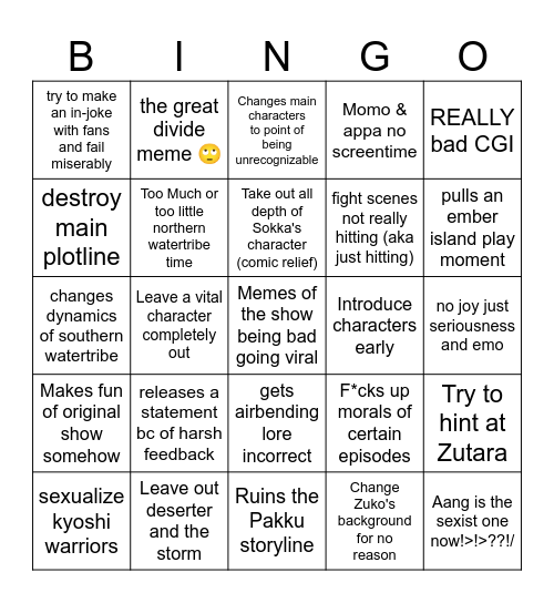 Netflix ATLA predictions Season 1 Bingo Card