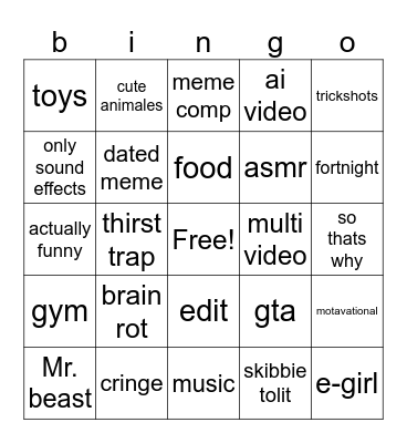 youtube shorts bingo Card