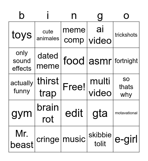 youtube shorts bingo Card