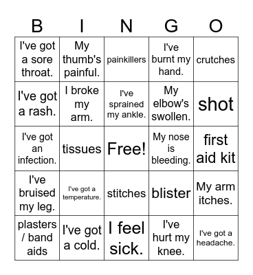 Health Problems Bingo Card