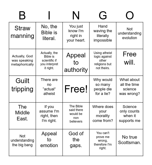 Atheist Bingo Card