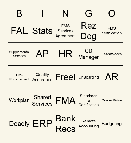FMS-SS Think Tank Bingo Card