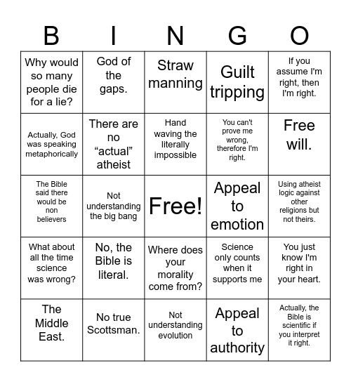 Atheist Bingo Card