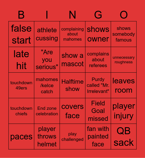 Super Bowl Bingo Card