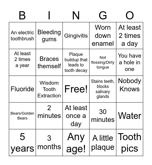 Toothfairy Bingo Card