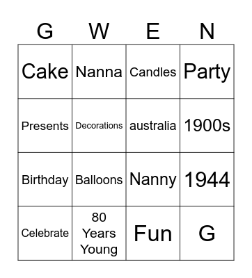 Gwen's Birthday Bingo! Bingo Card