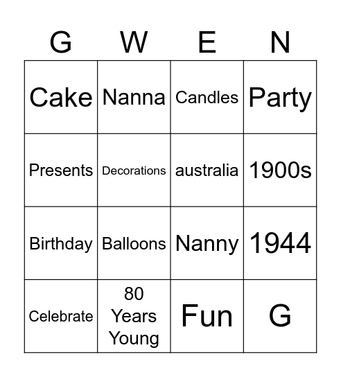 Gwen's Birthday Bingo! Bingo Card