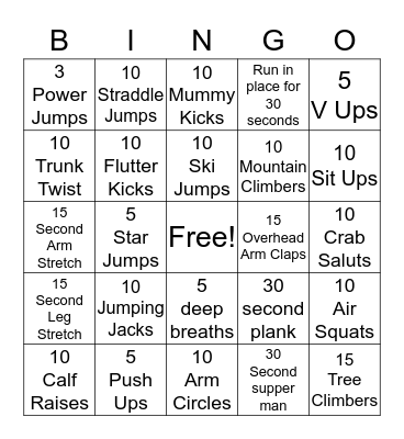 Fitness Bingo Card