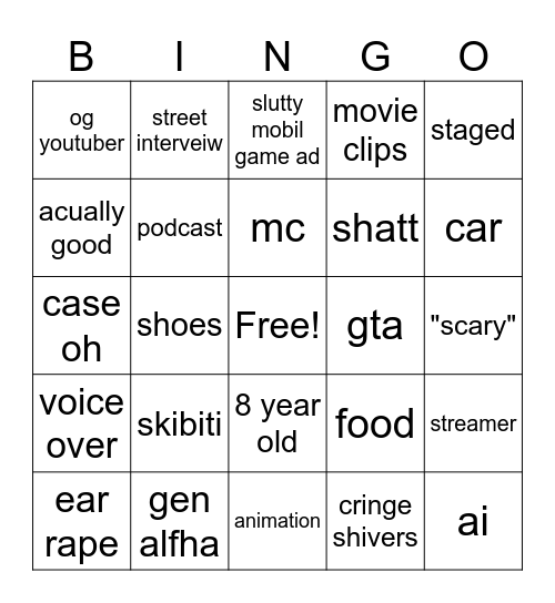 you tube shorts Bingo Card