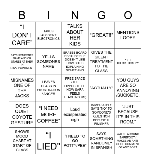 Sara's Phrases Bingo Card