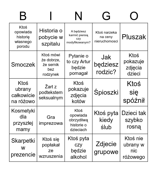 Baby shower Patrycji Bingo Card