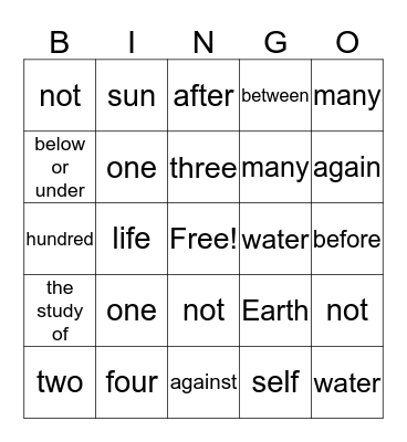 Prefixes and Roots Bingo Card