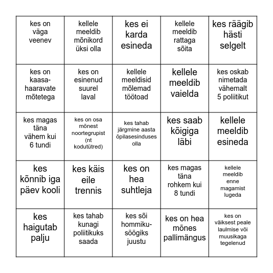 Leia Motivaarikalt keegi, Bingo Card