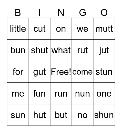 un and ut word family and sight words Bingo Card