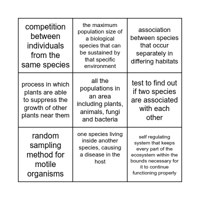 Populations and communities Bingo Card
