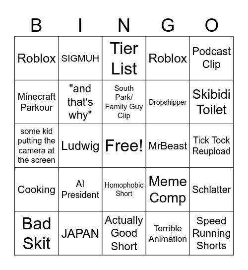 Youtube Shorts Bingo Card