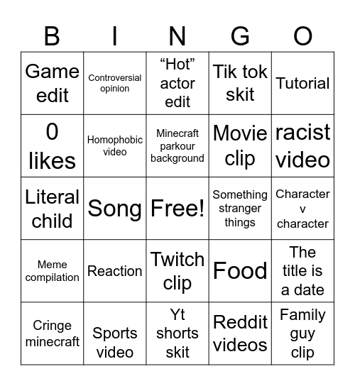 YouTube shorts Bingo Card