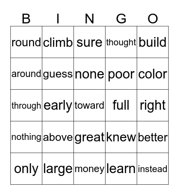 Unit 5 Sight Word Bingo Card