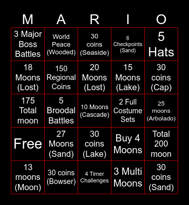 Super Mario Odyssey Bingo Card