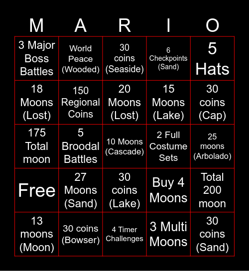 Super Mario Odyssey Bingo Card