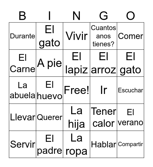 Spanish Vocabulary Bingo Card