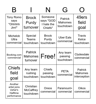 Super Bowl LVIII Bingo Card