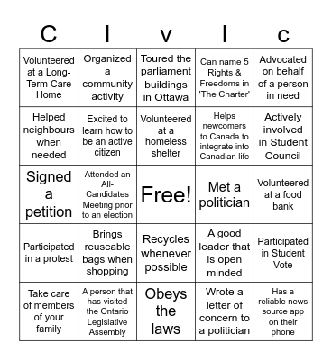 GRADE 10: CIVICS & CITIZENSHIP Bingo Card