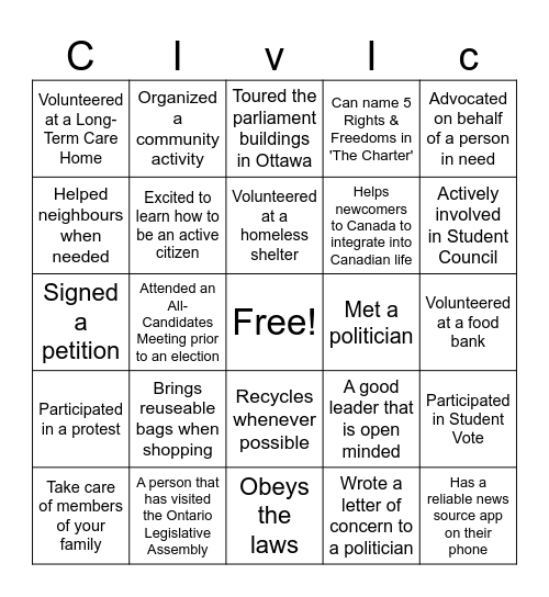 GRADE 10: CIVICS & CITIZENSHIP Bingo Card