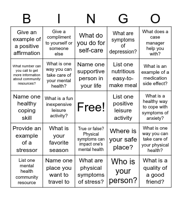 Mental Health Recovery Bingo Card