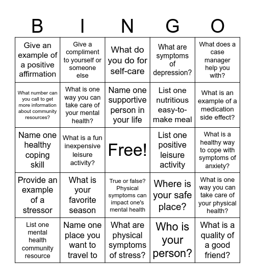 Mental Health Recovery Bingo Card