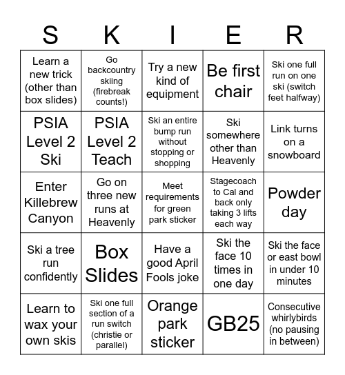 23-24 (Updated) Ski Season Bingo Card