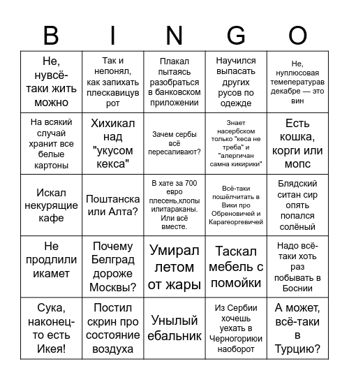 Сербское бинго Bingo Card