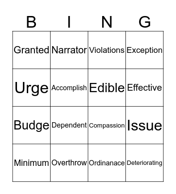 Vocabulary Bingo Card