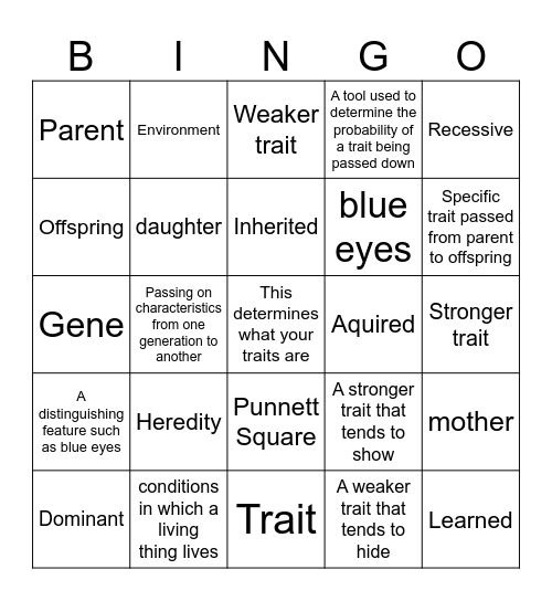 Heredity and Traits BINGO Card