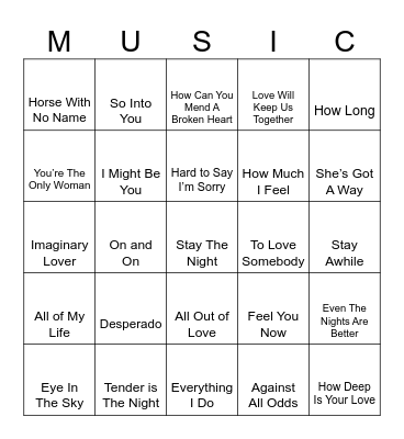 Easy Listening Bingo Card
