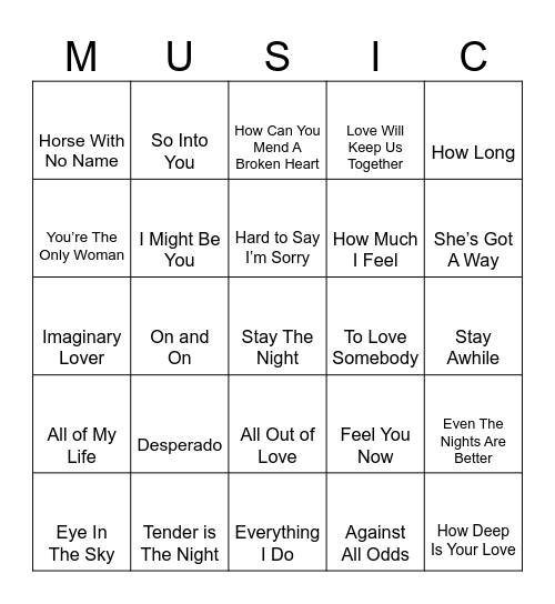 Easy Listening Bingo Card