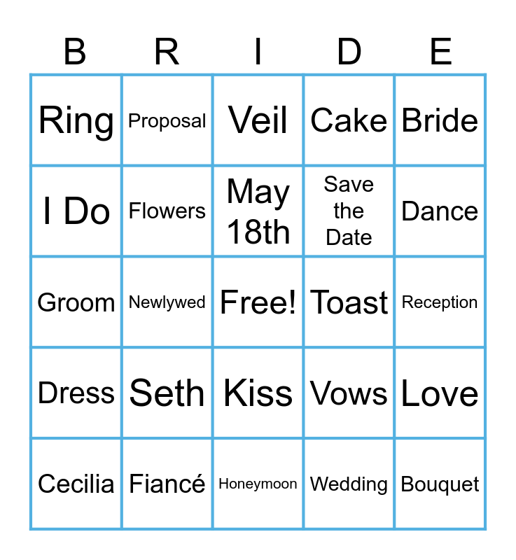 Bridal Bingo Card