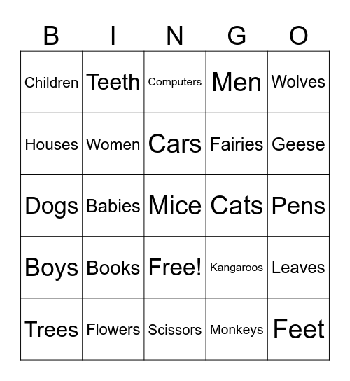 Plural Nouns Bingo Card
