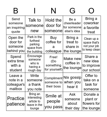 Roycemore Kindness Bingo Card