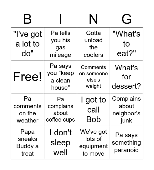 Papa Visits Bingo Card
