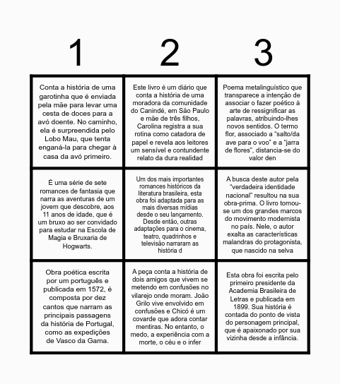 Bingo Literário Bingo Card