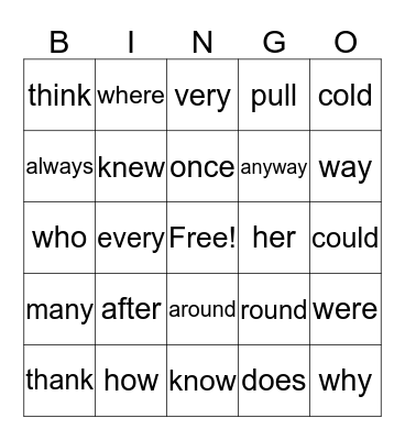 Dolch Sight Words Bingo Card