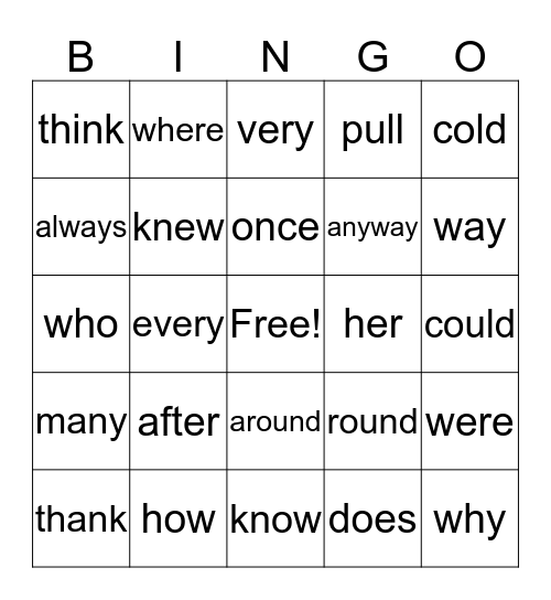 Dolch Sight Words Bingo Card