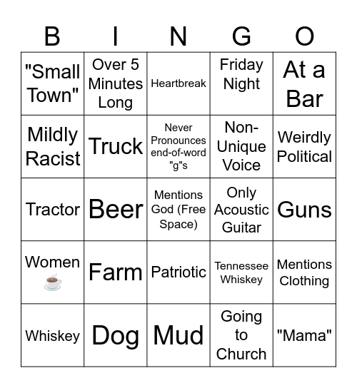 Country Song Bingo Card