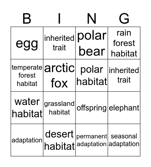 Animals  Bingo Card