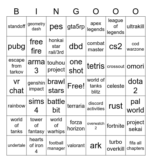 САМЫЕ ПИДАРСКИЕ ИГРЫ Bingo Card