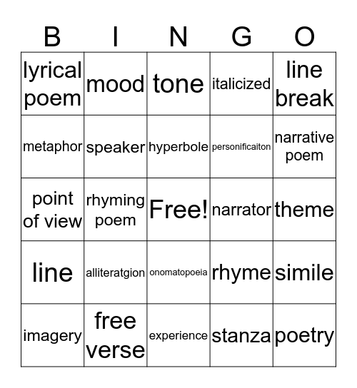 Poetry Bingo Card