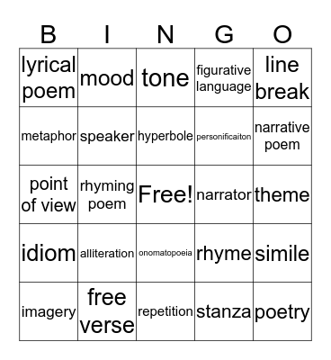 Poetry Bingo Card