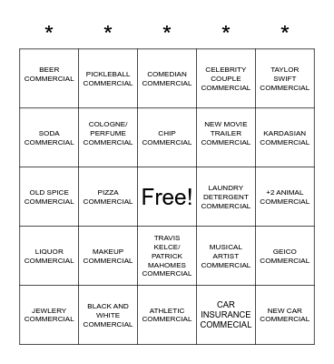 SUPERBOWL COMMERCIAL Bingo Card