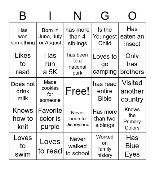Get to Know You Bingo Card